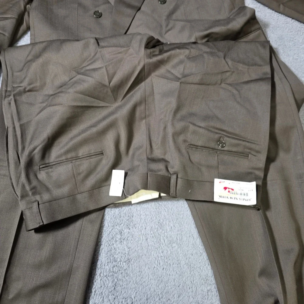 Jones New York Mens 44R 36W Suit Set Olive Brown Double Breasted Wool Pleated